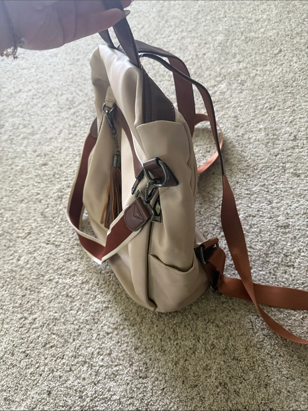 Beige Everyday Backpack with Brown Accent Strap
